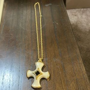 Vintage Crown Trifari Maltese Cross Necklace, Whit Enamel Pendant gold ton Chain